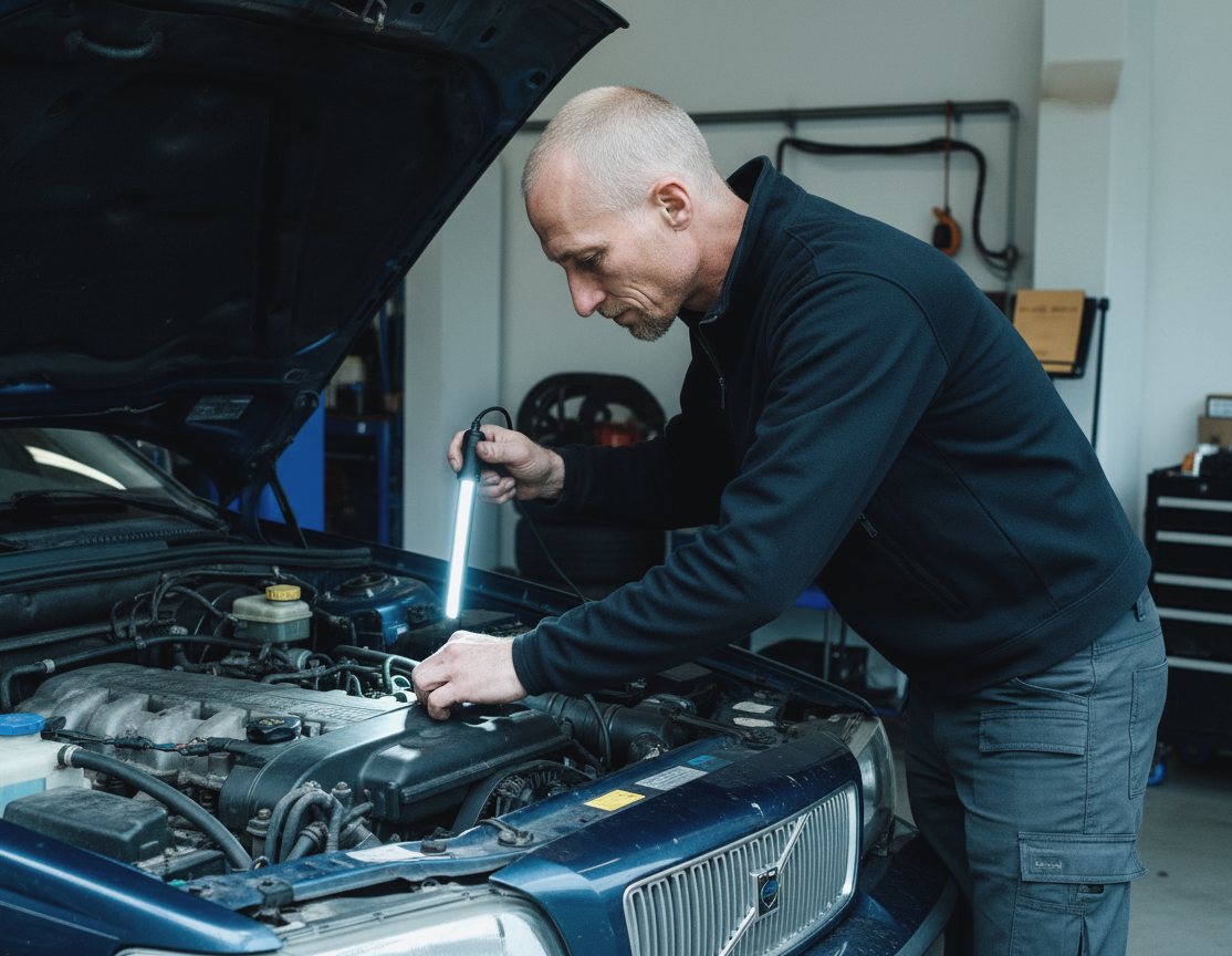 Rick kijkt met een looplamp in de motorruimte