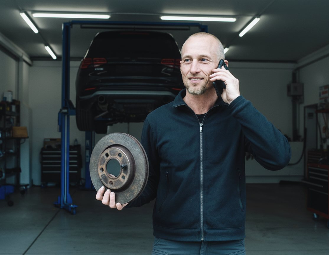Rick belt een klant en houdt een versleten remschijf omhoog